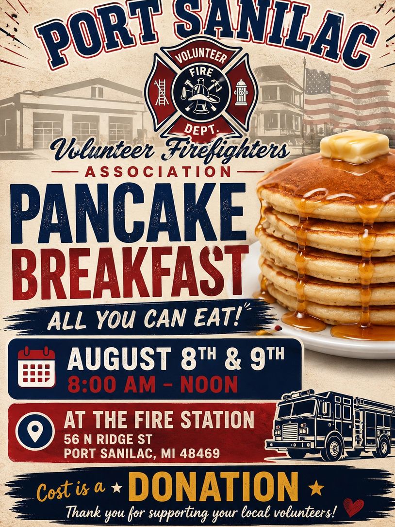 Flyer for Port Sanilac Volunteer Firefighters pancake breakfast event.