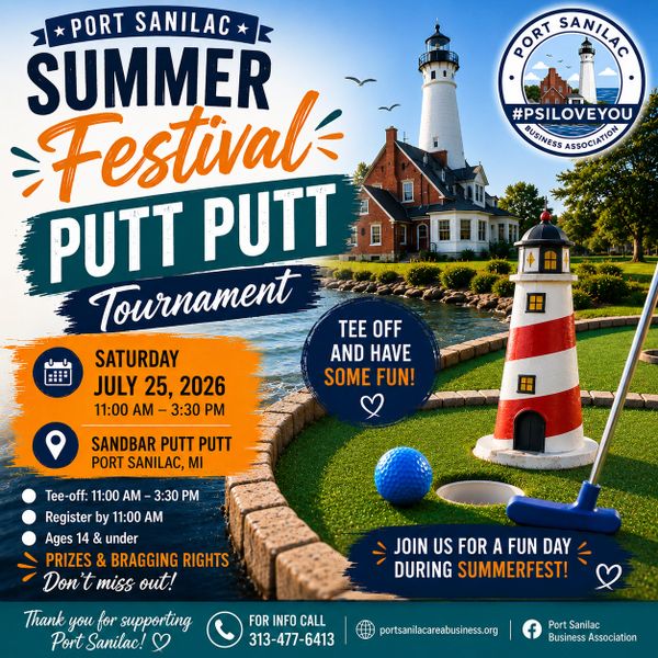 Port Sanilac Summer Festival Putt Putt Tournament announcement for July 25, 2026.