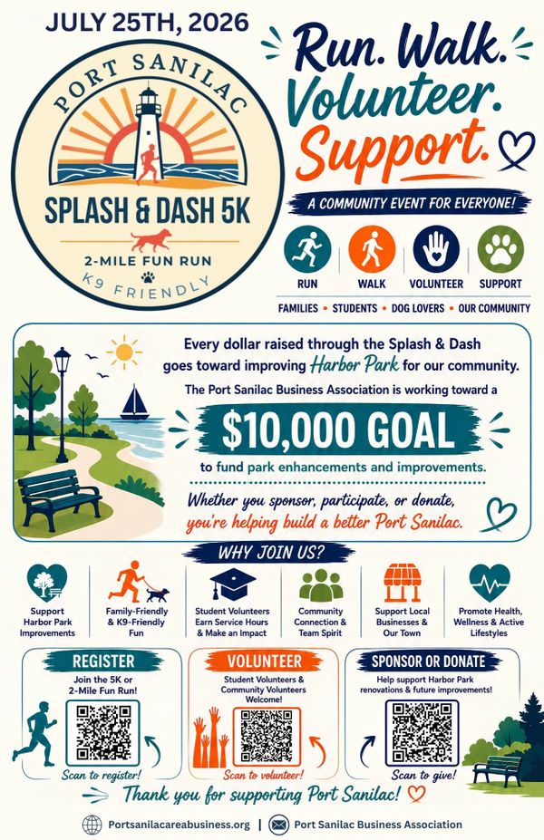 Flyer for Port Sanilac Splash &amp; Dash 5K event on July 25, 2026, promoting running, walking, volunteering, and supporting community.