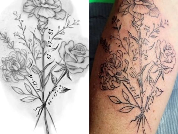 Tattoo on hand with floral design and a date inked below