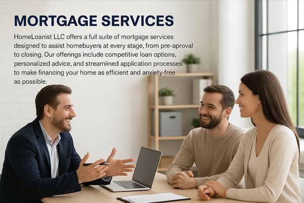 Mortgage consultant advising a happy couple in a bright office.