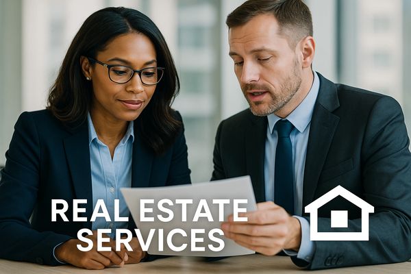 Two professionals discussing real estate services at a desk.