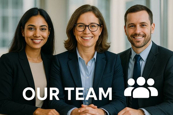 Professional team of three smiling businesspeople posing confidently.