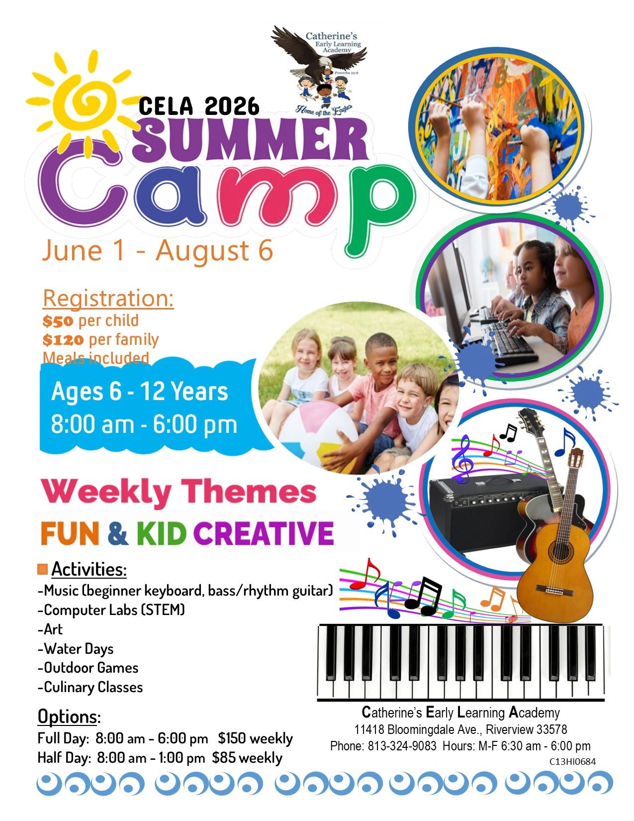 Colorful flyer for CELA 2026 Summer Camp with activities and registration details.