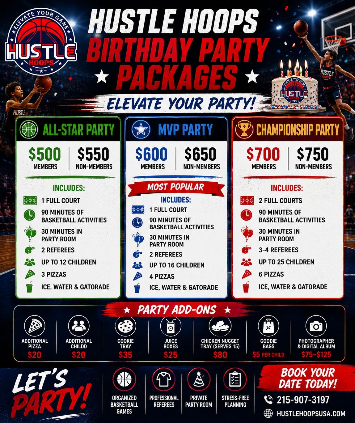 Hustle Hoops basketball birthday party packages with three pricing options and add-ons.