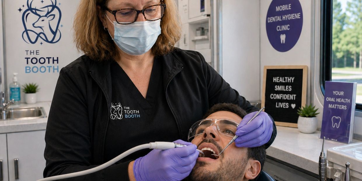 Dental hygienist treats a male patient in a mobile dental clinic.