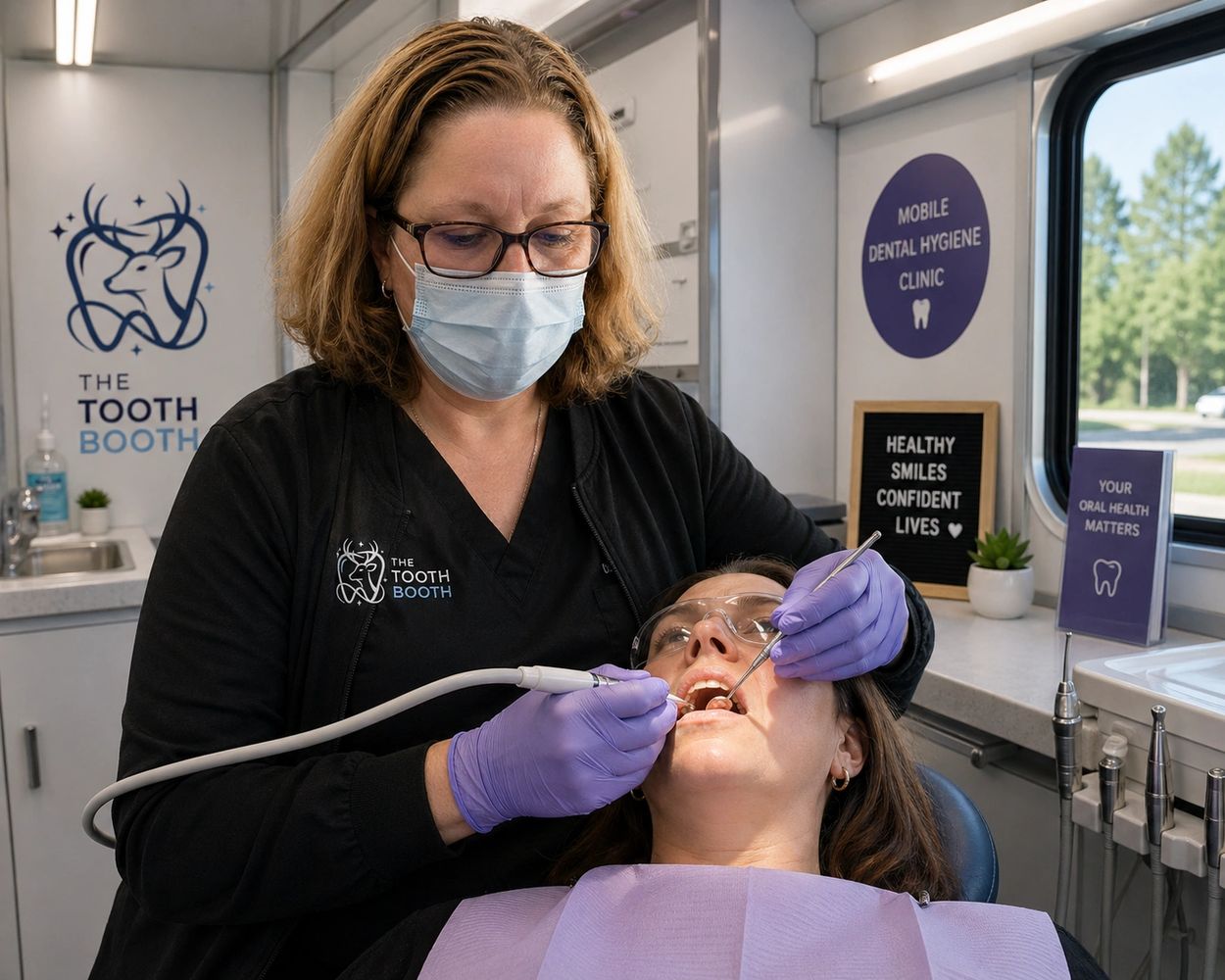 A dental hygienist cleans a patient's teeth inside a mobile dental clinic.