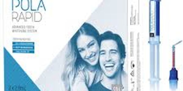 Pola Rapid advanced teeth whitening system with smiling couple and syringe applicator.