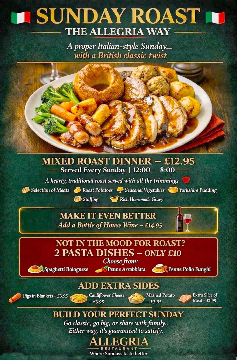 Sunday roast menu blending Italian and British flavors with roast dinner and pasta options.