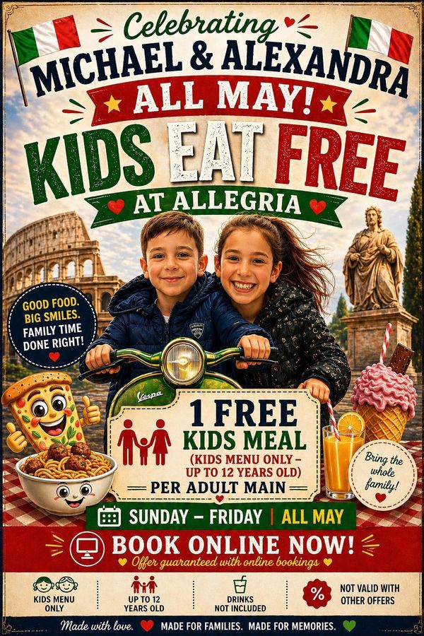 Promotion for free kids meals at Allegria all May with family-friendly dining.
