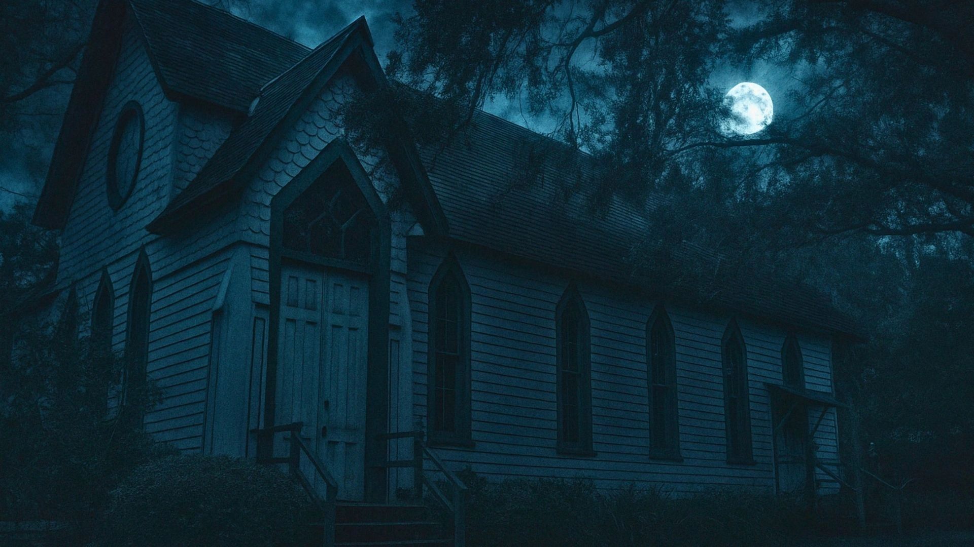 Exterior of Andrews Memorial Chapel at night, historic haunted chapel in Dunedin, Florida.