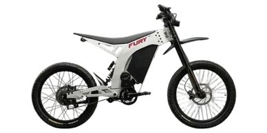 White and black electric bike labeled Fury.