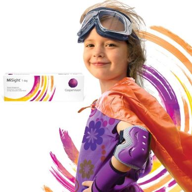 Young girl in superhero costume with CooperVision contact lenses.
