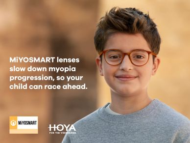 Boy wearing glasses promoting MiYOSMART lenses for myopia control.