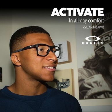 Kylian Mbappé wearing Oakley glasses promoting all-day comfort.