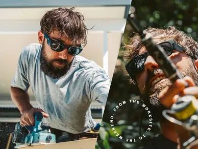 Two images of a man working with tools outdoors, wearing sunglasses.