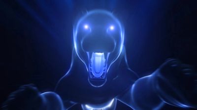 Glowing blue robotic creature with bright eyes and open mouth.