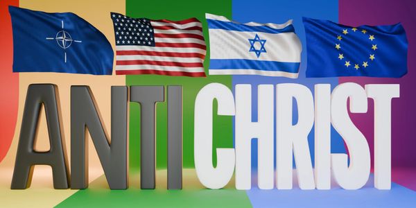 Flags of NATO, USA, Israel, EU above the word 'ANTICHRIST' in bold letters.