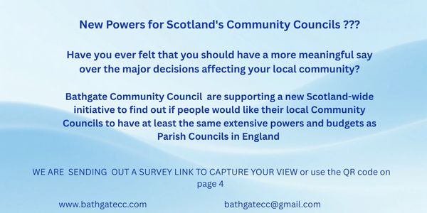 Announcement about new powers for Scotland's Community Councils and a survey invitation.