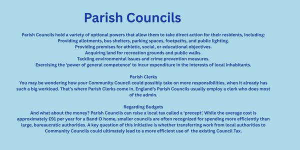 Informative poster explaining the roles and powers of Parish Councils.