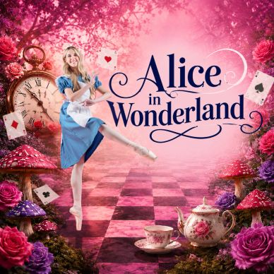 Alice in Wonderland theme with a dancer and whimsical elements.