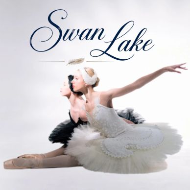 Two ballet dancers from Swan Lake, one in white and one in black.