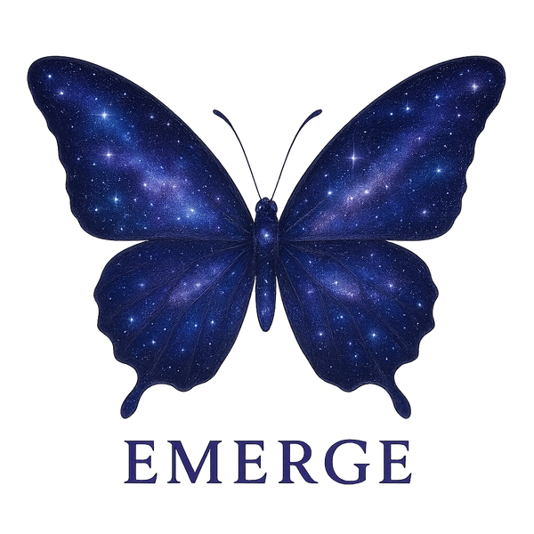 A butterfly with wings resembling a starry night sky, captioned 'EMERGE'.