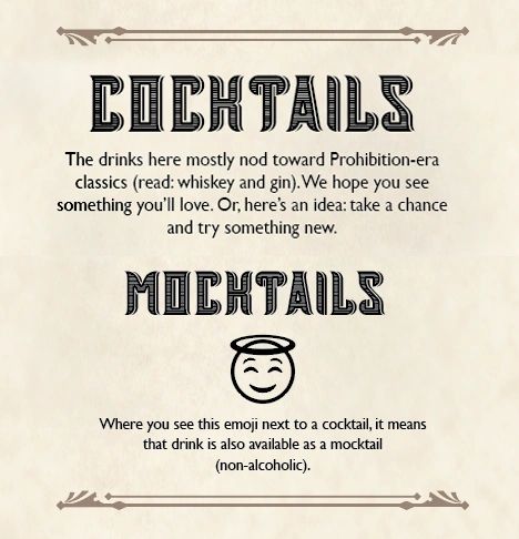 Cocktail menu highlighting Prohibition-era drinks and mocktails with a halo emoji indicating non-alcoholic options.