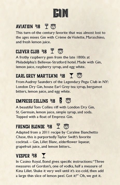 Menu of gin cocktails with descriptions and prices.