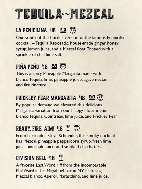 Cocktail menu featuring tequila and mezcal drinks with unique ingredients and flavors.