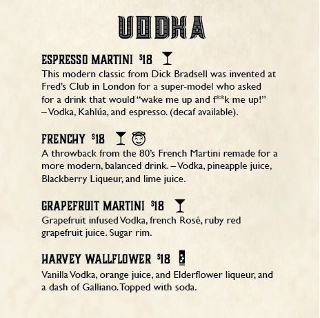 Cocktail menu featuring four vodka-based drinks with descriptions and prices.
