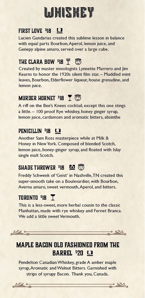 Whiskey cocktail menu featuring classic and creative drinks with bourbon, rye, and Canadian whiskey.