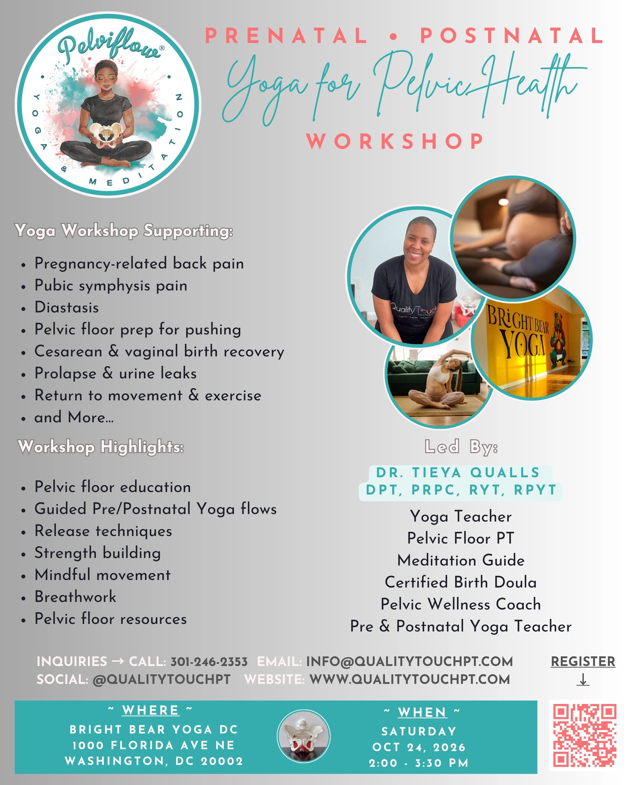 Prenatal and postnatal yoga workshop for pelvic health by Dr. Tieya Qualls.
