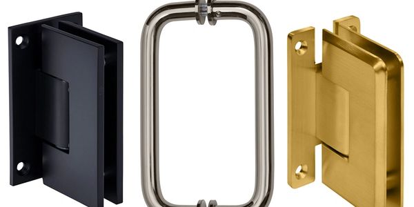 Three different styles of door hinges in black, silver, and gold finishes.