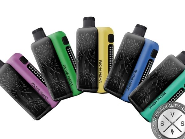 Colorful Pacha Mama vape devices arranged in a fan shape with embossed tree design.