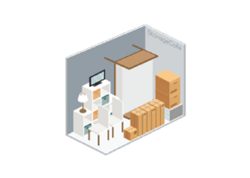 Isometric storage room with shelves, boxes, and furniture.