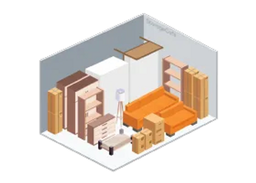 Isometric view of a packed room with furniture and boxes.