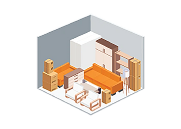 Isometric room with orange sofas and wooden furniture.