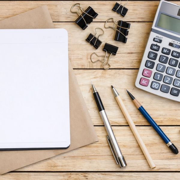 Office supplies including pens, binder clips, calculator, and notebook on wooden desk.