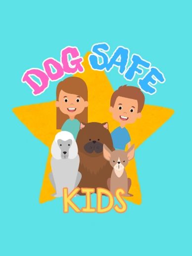 Illustration showing two kids and three dogs with the text 'Dog Safe Kids'.