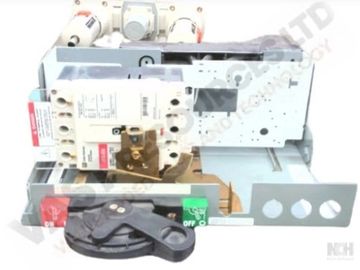 An electrical switchgear component with control mechanisms and safety labels.