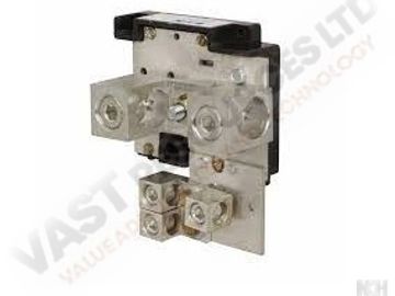 A metal electrical connector block with multiple terminals.
