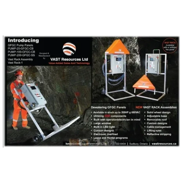 Advertisement for VAST Resources Ltd's GF/GFC Pump Panels and Vast Rack Assemblies for dewatering in mining.