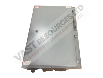 A large gray metal electrical panel box with multiple connectors.