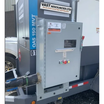 Industrial equipment panel with control buttons and company label.