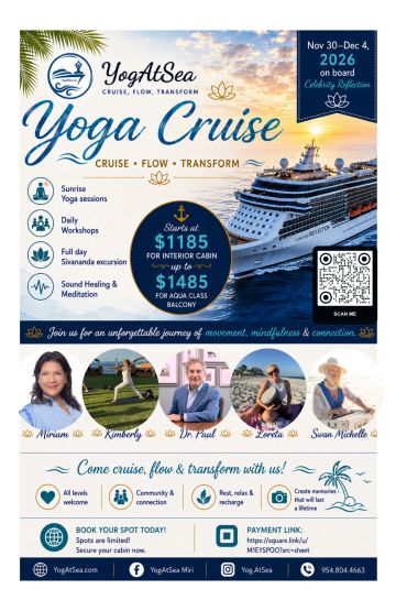 Yoga Cruise by YogAtSea from Nov 30-Dec 4, 2026, featuring yoga, workshops, and excursions.