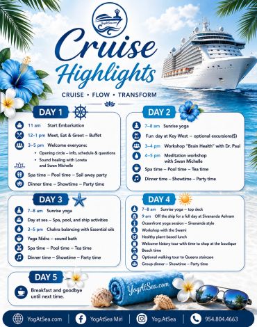 Cruise highlights itinerary showcasing activities and events for each day.