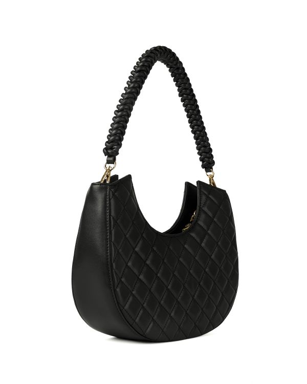 Black quilted handbag with braided handle.