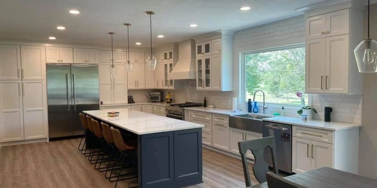 Modern kitchen with blue island