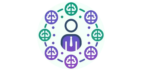 Clip art-style image depicting a person surrounded by AIs, representing "Our Leadership and Team"